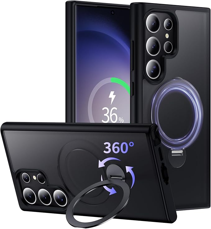 for Samsung Galaxy S23 Ultra Case,Compatible with Magsafe [Wireless Charging],with 360°Rotatable Magnetic Ring Stand Matte Translucent Slim Soft Edge Phone Kickstand,Black