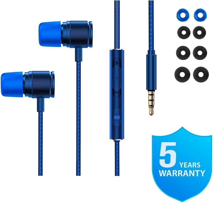 LUDOS Ultra Wired Earbuds in-Ear Headphones, 5 Years Warranty, Earphones with Microphone, Noise Isolating Ear Buds, Memory Foam for iPhone, Samsung, School Students, Kids, Women, Small Ears - Blue