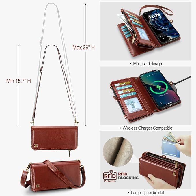 for iPhone 17 Pro Max Wallet Phone Case with 8 Card Holder,RFID Blocking | PU Leather | Kickstand | Flip | Wrist Strap&Shoulder Strap | Shockproof | Zipper Wallet | Women Men | 6.9" | Brown