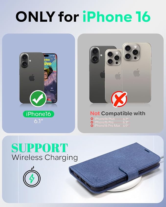 OCASE Compatible with iPhone 16 Wallet Case, PU Leather Flip Folio Case with Card Holders RFID Blocking Kickstand [Shockproof TPU Inner Shell] Phone Cover 6.1 Inch 2024, Denim Blue