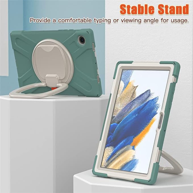 360 Rotation Case for Samsung Galaxy Tab A8 10.5" Sturdy Cover Rotate Ring Stand Shoulder Carrying Strap Hand Strap Rugged Children Adults Outdoor Case, DarkGreen