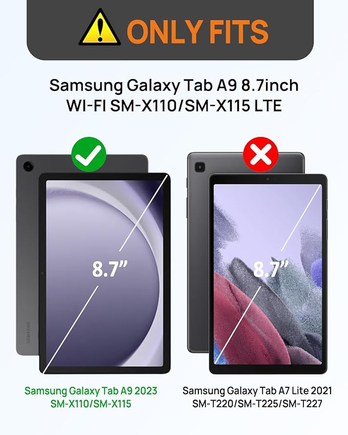 Gerutek Case for Samsung Galaxy Tab A9 Case 8.7" 2023, Full-Body Drop Protection Shockproof Cover with Screen Protector, 360° Rotating Stand, Hand/Shoulder Strap, Pencil Holder, Black