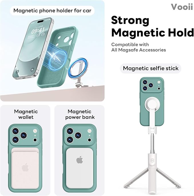 Vooii Magnetic Compatible with iPhone 17 Pro Case (Compatible with Magsafe) (Upgraded Camera Protection) Liquid Silicone Shockproof Full Body Protective Phone Cover for Women Men, Pine Green, 6.3”