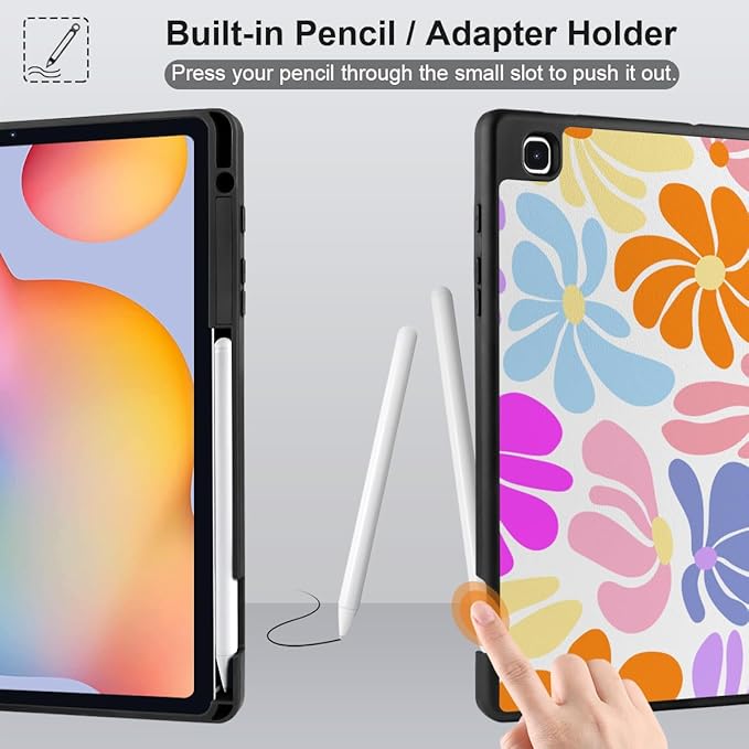 DONGKE Case for Samsung Galaxy Tab S6 Lite 10.4 Inch 2024/2022/2020, Trifold Stand + S Pen Holder + Auto Wake/Sleep + Soft TPU Protective Stand Back Cover, Retro Flowers