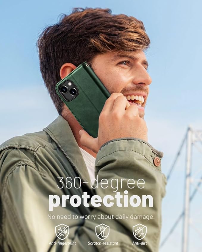 OCASE Compatible with iPhone 15 Wallet Case, PU Leather Flip Folio Case with Card Holders RFID Blocking Kickstand [Shockproof TPU Inner Shell] Phone Cover 6.1 Inch 2023, Blackish Green