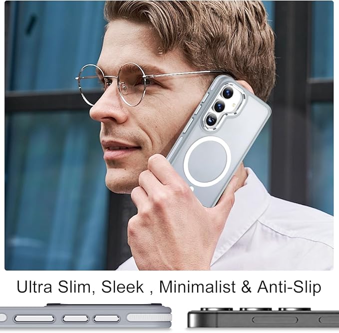 Magnetic Designed for Samsung Galaxy S24 Case 6.2" Compatible with MagSafe, Anti-Slip Edge Military Grade Drop Tested Hard Back Protective Translucent Case for Samsung S24 Case (Grey/White)