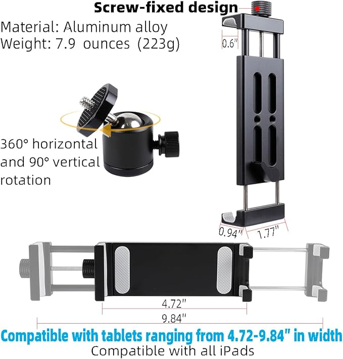 Aluminum Tripod Mount Adapter - Rotatable Tablet Holder for iPad/Mini, Pro, Samsung Tab & Other 4.7'-15' Tablets