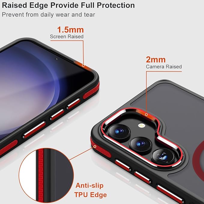 for Samsung Galaxy S24 Case, [Built-in Stand] Anti-Skid TPU Edge & Matte Translucent S24 Cover, Compatible with Magsafe, Slim Shockproof Magnetic Phone Case for S24 5G (Black/Red)
