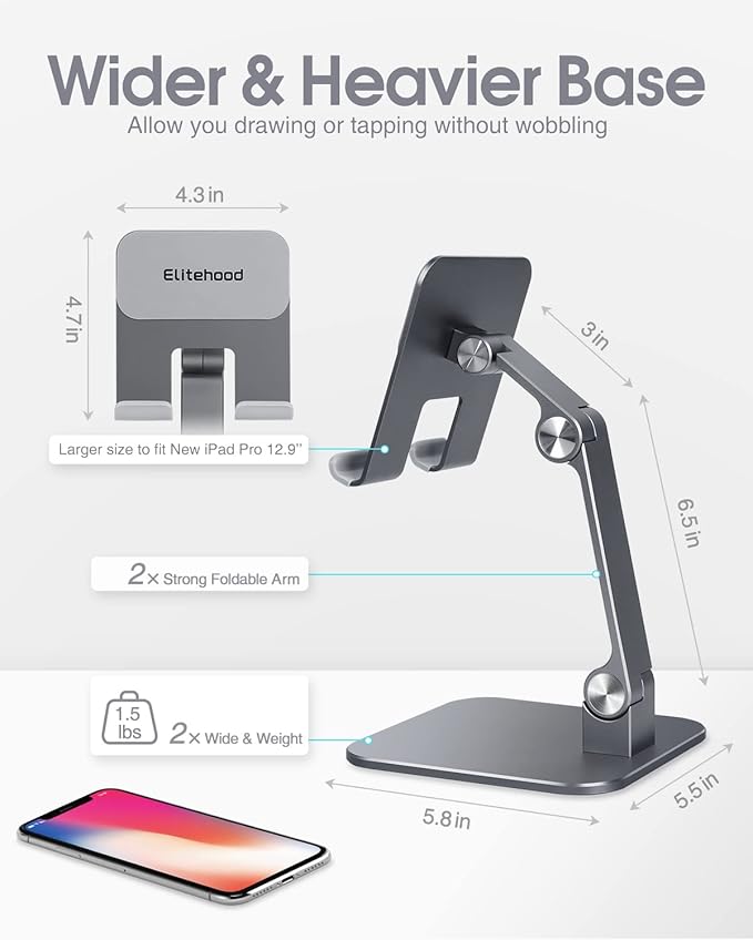 elitehood Aluminum iPad Stand, Adjustable iPad Stand Holder for Desk, Desktop Tablet Stand Dock for iPad Pro 12.9 11 Air Mini 4 5 and More 4-13 inches Tablets, Gray