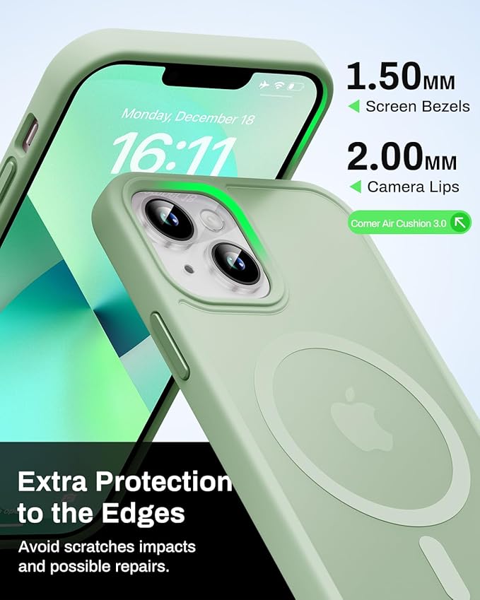Magnetic for iPhone 13 Case & iPhone 14 Case, Compatible with MagSafe, Military Grade Drop Protection, Slim Shockproof Anti-Fingerprint Translucent Matte Phone Protective Cover, Light Green