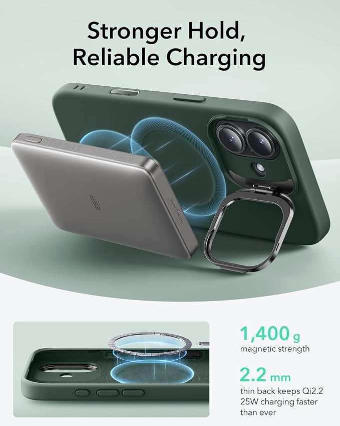 ESR Silicone Case for iPhone 17, Built-in Camera Stash Stand Compatible with MagSafe, Military-Grade Drop Protection Magnetic Phone Case for iPhone 17, Cloud Series, Olive Green