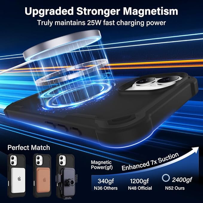 Designed for iPhone 16 Case with Magnetic Stand [Military Drop Protection][Compatible with Magnet] Shockproof 16 Phone Case with Ring Holder, Black