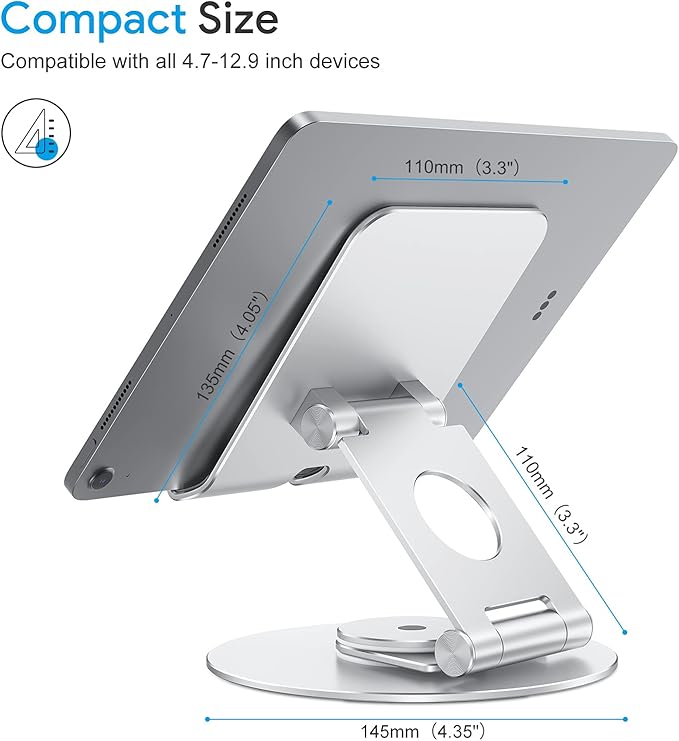 OMOTON Swivel Tablet Stand for iPad with 360 Rotating Base, Foldable Adjustable Holder for Drawing, Compatible with iPad Pro/Air/Mini and More, Silver