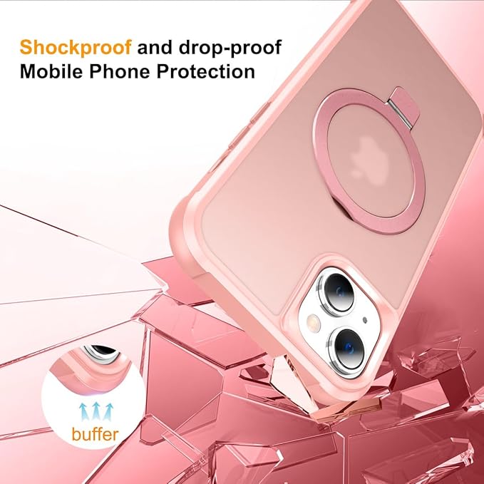 Magnetic Compatible with iPhone 15 Plus Case with Stand [Military Grade Drop Tested][Compatible with Magnet] Ring Translucent Slim Hard Back Soft Edge, Pink
