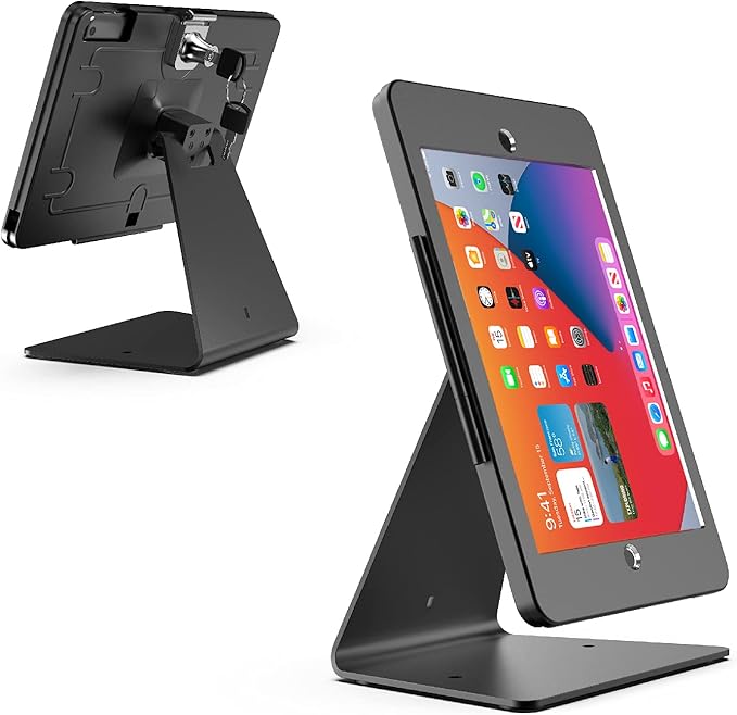 Desktop Anti-Theft Security Kiosk Stand Holder Enclosure for iPad 10.2-Inch (9th Gen.2021,8th Gen.2020,7th Gen.2019),with Lock and Key,Flip &360°Rotating Horizontal or Vertical Design(Black)