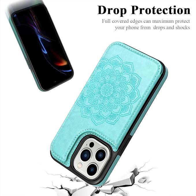 MMHUO Mint Flower Magnetic Back Flip Case for iPhone 14 Pro with Card Holder