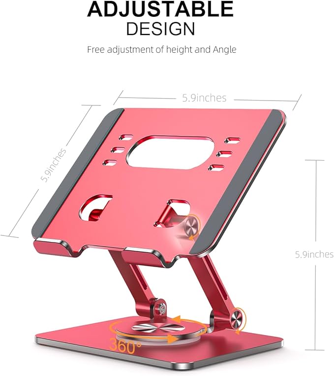 Tablet Stand Holder with Thickened 360°Rotating Base Dual Rod Adjustable Aluminum Stand for All 5.8-12.9” iPad Samsung Phone Tablet Kindle E-Reader and More, Gold