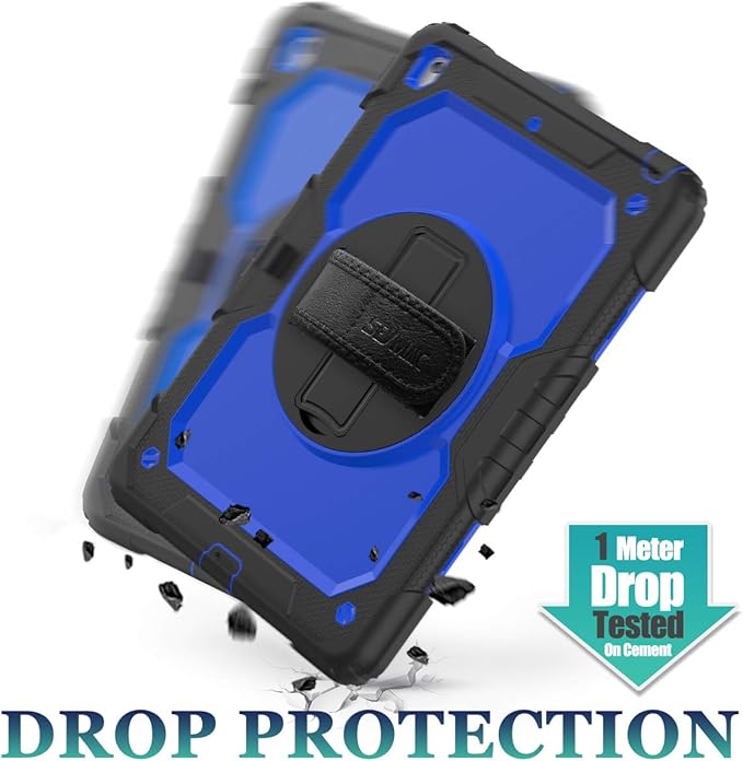 SEYMAC stock Case for iPad 9th/ 8th/ 7th Generation 10.2'', Shockproof with Screen Protector, Pencil Holder [360° Rotating Hand Strap] & Stand, for iPad 10.2 inch 2021-2019 (Blue+Black)