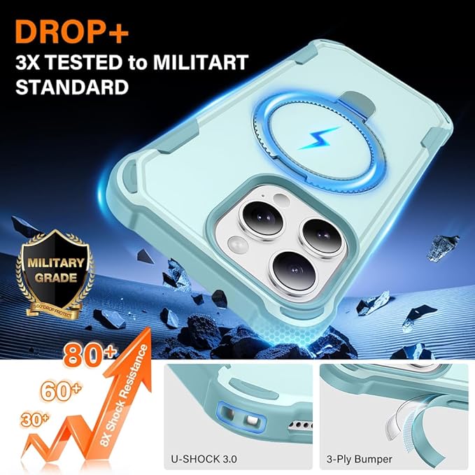 Designed for iPhone 15 Pro Case with Magnetic Stand [Military Drop Protection][Compatible with Magnet] Shockproof 15 Pro Phone Case with Ring Holder, Green