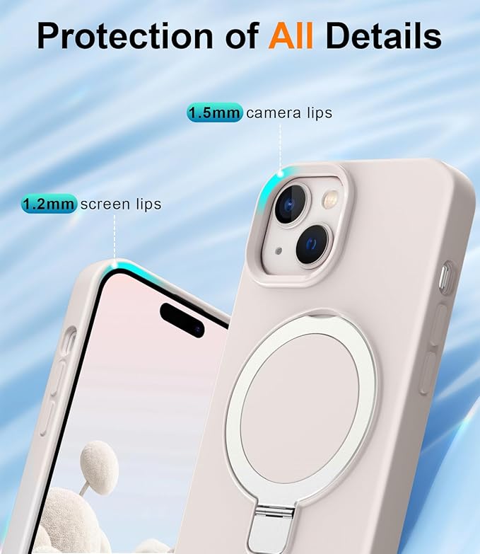 ZHK Liquid Silicone Designed for iPhone 15 Case with Magnet Stand, [Mil-Grade Drop Shockproof][Soft Anti-Scratch Microfiber Lining] Slim Fit Cover, Beige