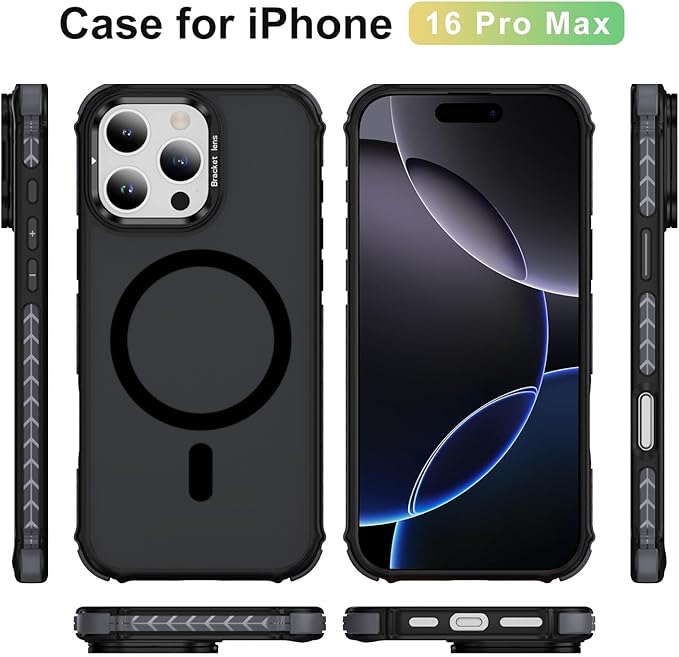 Magnetic for iPhone 16 Pro Max Case Black with MagSafe Wireless Charging Heavy Duty Military-Grade Shockproof Protection Adjustable Kickstand Slim Matte Anti-Fingerprint Cover Men Women