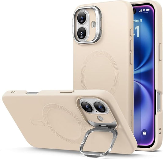 ESR for iPhone 16 Case, Silicone Case with Stand, Compatible with, Military-Grade Protection, Built-in Camera Stash Stand, Magnetic Phone Case for iPhone 16, Cloud Series, Light Tan