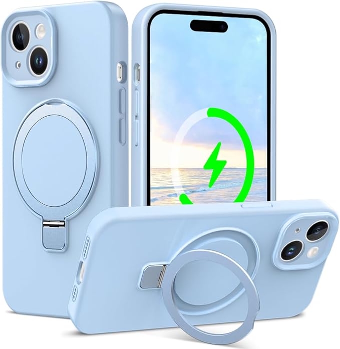 ZHK Liquid Silicone Designed for iPhone 14 Plus Case with Magnet Stand, [Precise Camera Lens Protection][Mil-Grade Drop Shockproof][Soft Anti-Scratch Microfiber Lining] Slim Fit Cover,Baby Blue