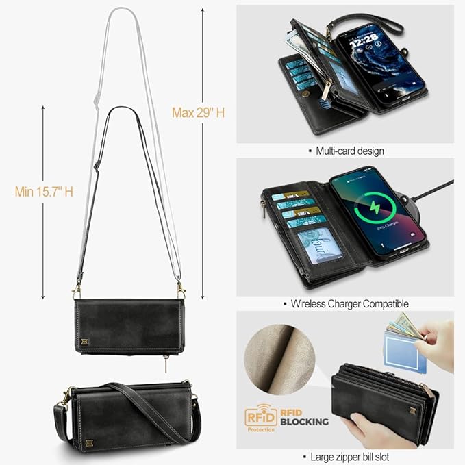 for iPhone Air Wallet Phone Case with 8 Card Holder,RFID Blocking | PU Leather | Kickstand | Flip | Wrist Strap&Shoulder Strap | Shockproof | Zipper Wallet | Women Men | 6.5" | Black