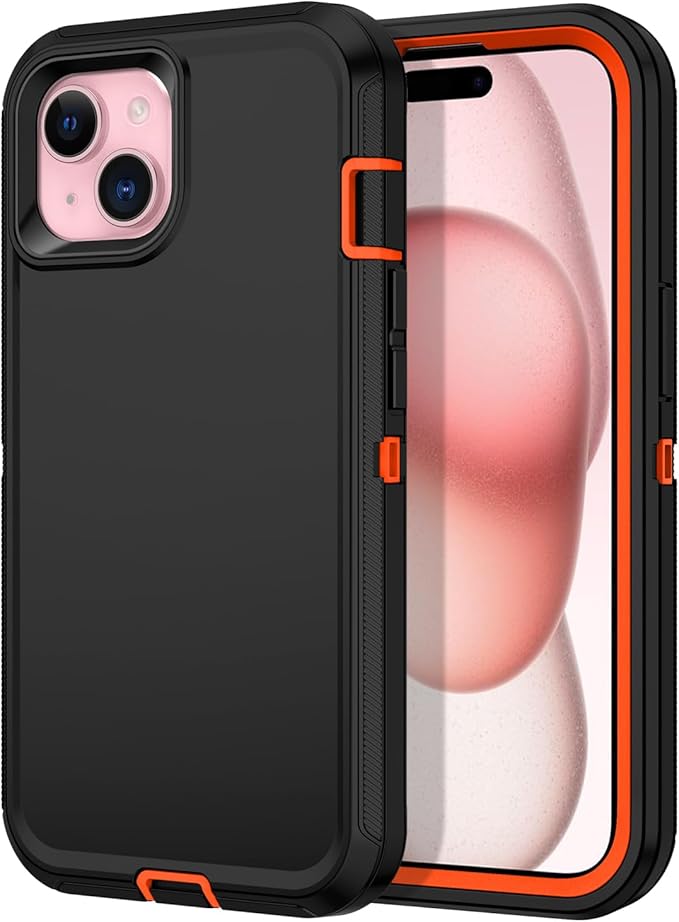for iPhone 15 Case Shockproof Dust/Drop Proof 3-Layer Full Body Protection [Without Screen Protector] Rugged Heavy Duty Cover Case for Apple iPhone 15 6.1" 2023,Black/Orange