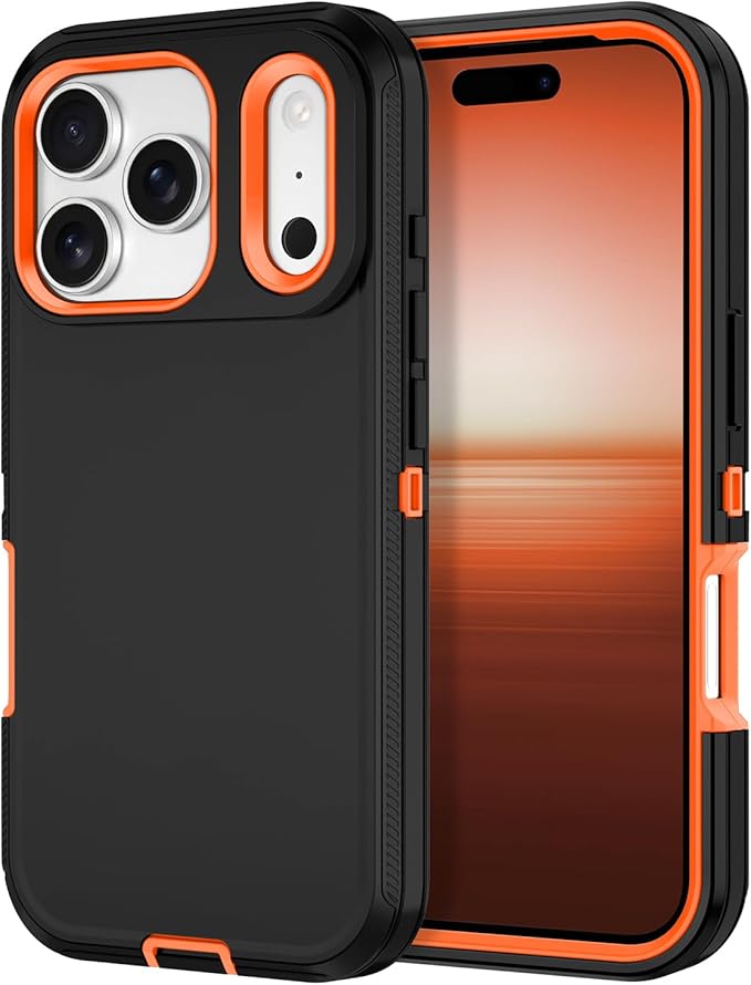 for iPhone 17 Pro Case Shockproof Dust/Drop Proof 3-Layer Full Body Protection [Without Screen Protector] Rugged Heavy Duty Cover Case for Apple iPhone 17 Pro 6.3" 2025,Black/Orange