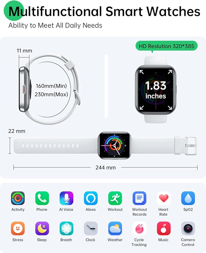 Smart Watches for Women and Men - Smart Watch Compatible for iPhone Android Phone,Alexa,Call & Notification Alerts,Heart Rate & Sleep Monitor,3 ATM Waterproof 1.83 Inches Fitness Tracker