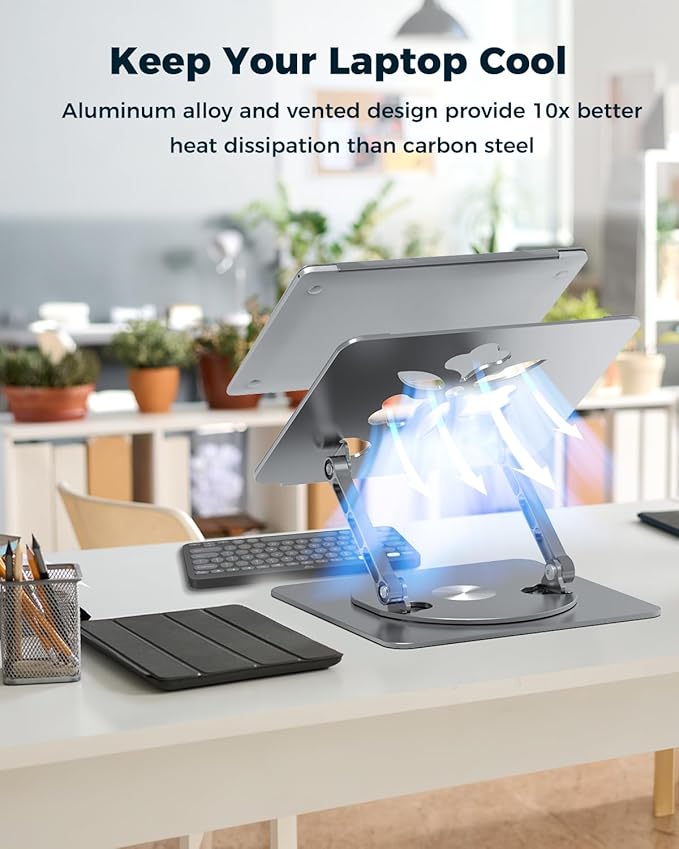 Adjustable Laptop Stand for Desk - Portable Laptop Riser with Rotating Base, Foldable Aluminum Computer Stand, Ergonomic Laptop Holder for MacBook Pro/Air Dell HP Lenovo Notebook up to 15.6", Gray