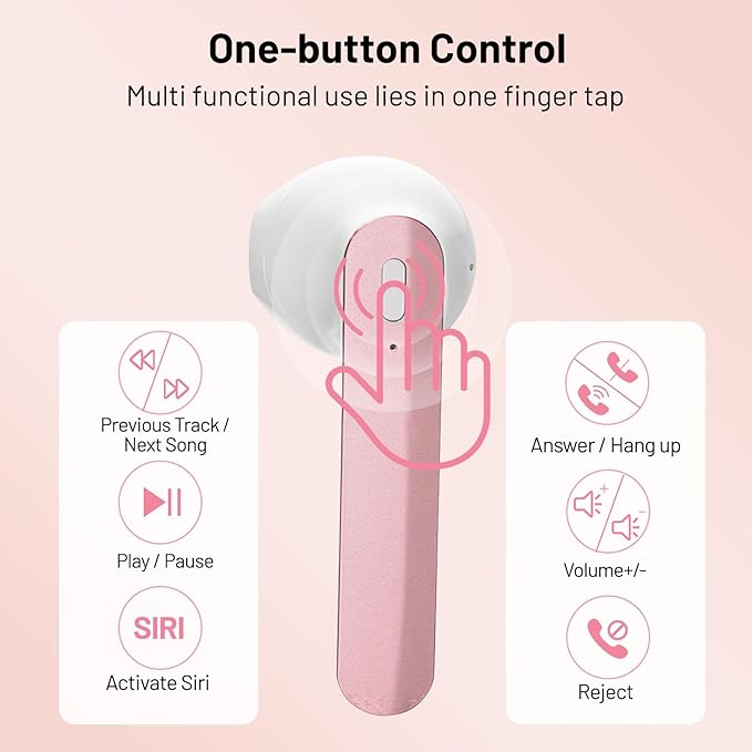 Wireless Earbuds, Bluetooth Headphones Stereo Ear Buds with Noise Cancelling Mic, 50H Playback with LED Display Charging Case, IP7 Waterproof in-Ear Earphones for Phone Laptop Sports, Pink