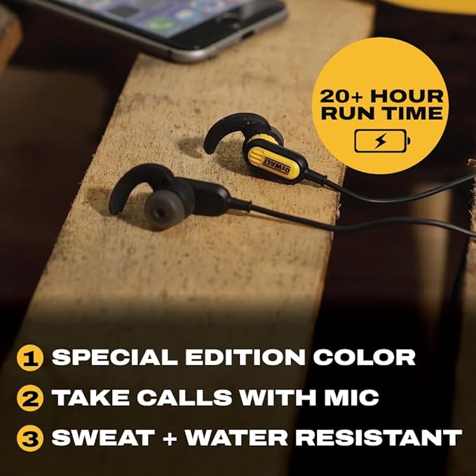 DEWALT Heavy Duty Neckband Bluetooth Earbuds - Black Special Edition Wireless Bluetooth 5.2 Headphones w/Microphone, Lightweight Comfort, IP56 Waterproof, Deep Bass, 20H Jobsite Behind-Neck Earphones