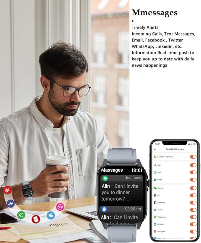 Smart Watch Men Women 1.83" Large HD Screen Fashion Bluetooth Call Watches Sport Waterproof 24/7 Heart Rate Sleep Monitor Activity Fitness Tracker Smartwatches Man for iPhone Android （Grey）