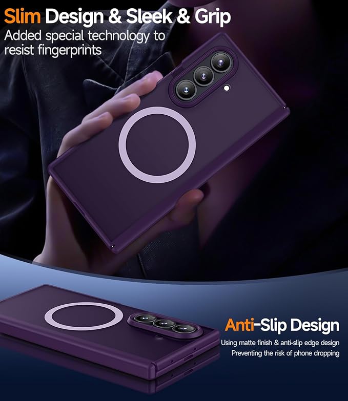 Slim for Samsung Galaxy-Z-Fold-7 Case: Compatible with Magsafe | Built-in Screen Protector [Anti-Scratch] Hinge Guard | Women Men Shockproof Translucent Matte Phone Cover for Z Fold7 5G 2025(Purple)