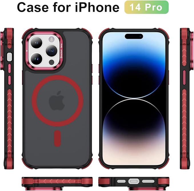 Magnetic for iPhone 14 Pro Case Red with MagSafe Wireless Charging Heavy Duty Military-Grade Shockproof Protection Adjustable Kickstand Slim Matte Anti-Fingerprint Cover Men Women