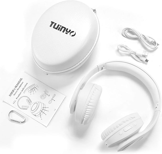 TUINYO Bluetooth Headphones Wireless, Over Ear Stereo Wireless Headset 40H Playtime with deep bass, Soft Memory-Protein Earmuffs, Built-in Mic Wired Mode PC/Cell Phones/TV-White … …