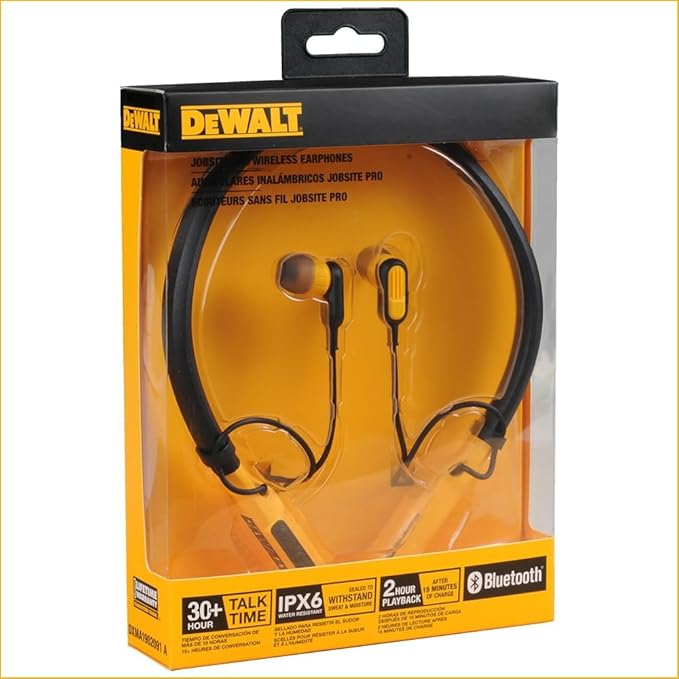 DEWALT Heavy Duty Bluetooth Neckband Headphones, Wireless Around The Neck Earbuds w/ 30H Runtime + Noise Isolation, Secure Magnetic Wireless Earbuds, Jobsite Pro Built-in Mic Bluetooth Headsets