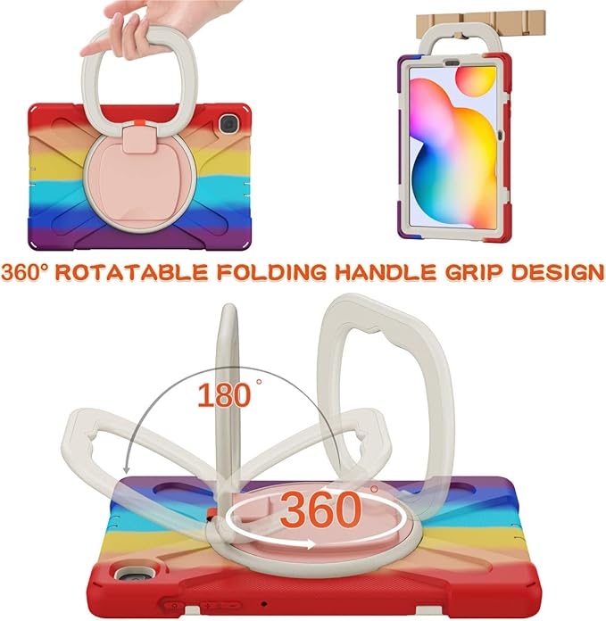 360 Rotation Case for Samsung Galaxy Tab S6 Lite 10.4" Sturdy Cover Rotate Ring Stand Shoulder Carrying Strap Hand Strap Rugged Children Adults Outdoor Case (Colourful Red)