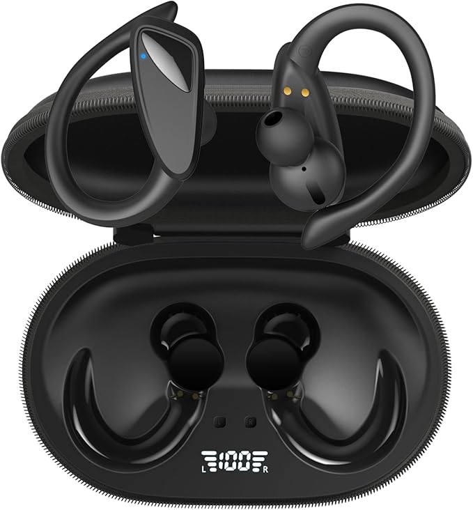 Wireless Earbuds Bluetooth Headphones, 23Hrs Playback Sport Earphones with LED Display Over-Ear Buds with Earhooks, Sweatproof Running Ear Buds with Earhooks Workout Earphones (Black)
