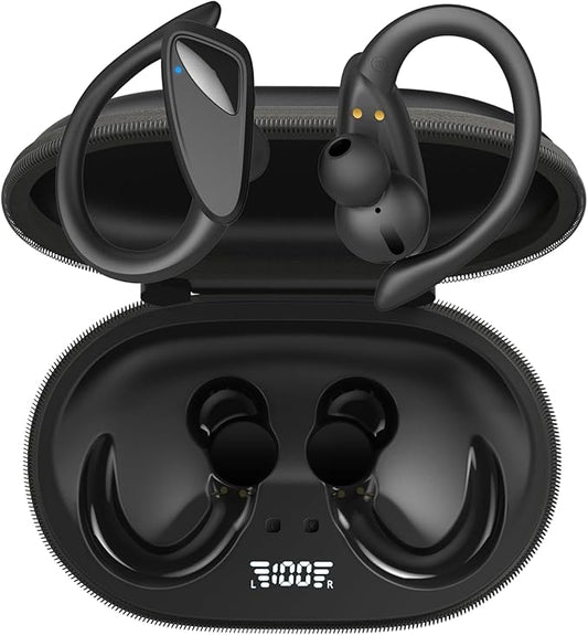 Wireless Earbuds Bluetooth Headphones, 23Hrs Playback Sport Earphones with LED Display Over-Ear Buds with Earhooks, Sweatproof Running Ear Buds with Earhooks Workout Earphones (Black)
