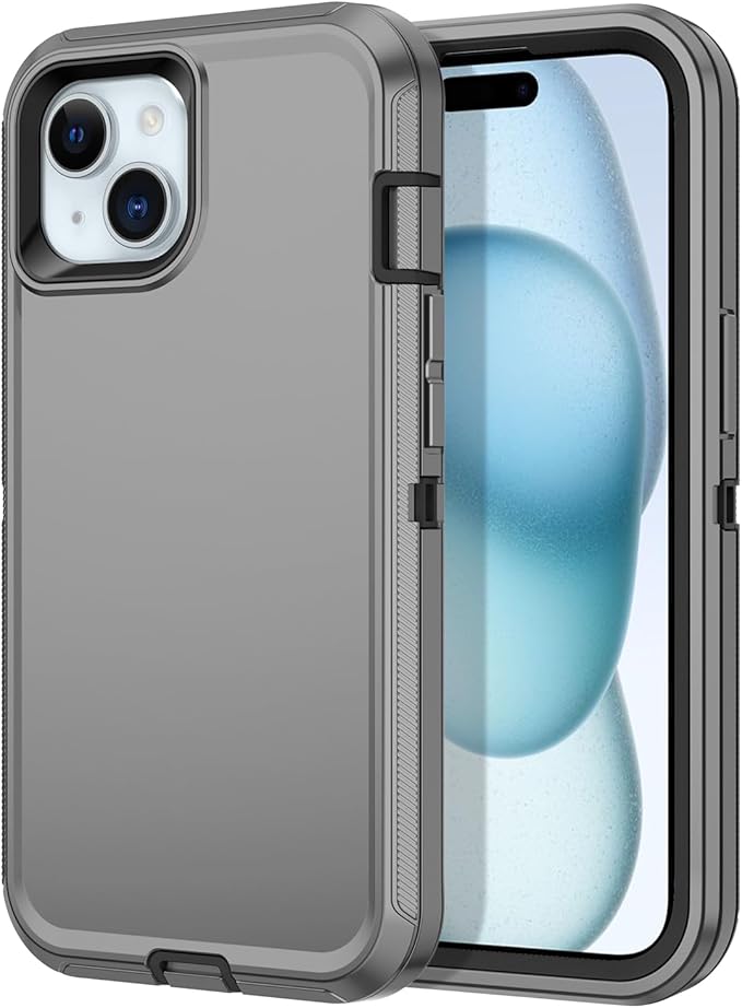 for iPhone 15 Case Shockproof Dust/Drop Proof 3-Layer Full Body Protection [Without Screen Protector] Rugged Heavy Duty Cover Case for Apple iPhone 15 6.1" 2023,Grey/Black