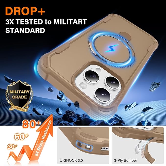 Designed for iPhone 15 Pro Case with Magnetic Stand [Military Drop Protection][Compatible with Magnet] Shockproof 15 Pro Phone Case with Ring Holder, Khaki