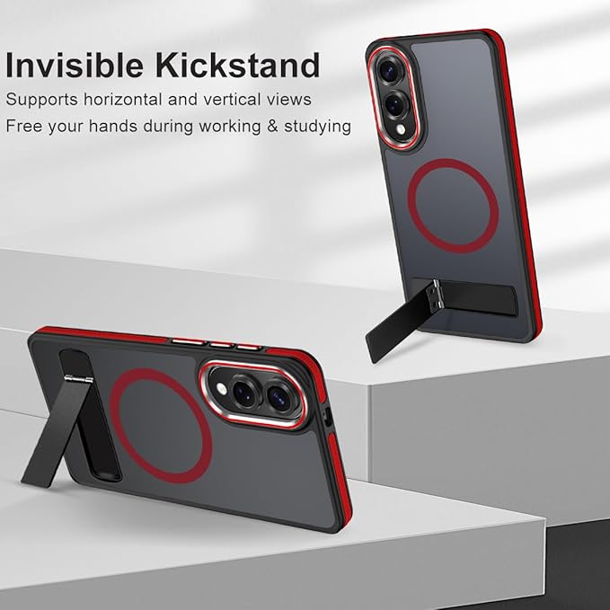 for Samsung Galaxy S25 Edge Case, Non-Slip Phone Case with Invisible Kickstand [Fits for Magsafe], Ultra Slim Translucent Cover for Galaxy S25 Edge, Mil-Grade Drop Protection (Black/Red)