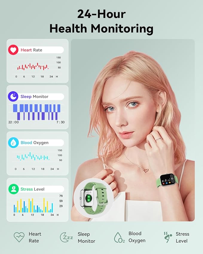 Smart Watches for Women/Men, Smart Watch for Android Phones and iPhone Compatible, Alexa Built-in, 1.8" Fitness Watches for Women, IP68 Waterproof/Bluetooth Call, Heart Rate/Sleep Monitor, Green