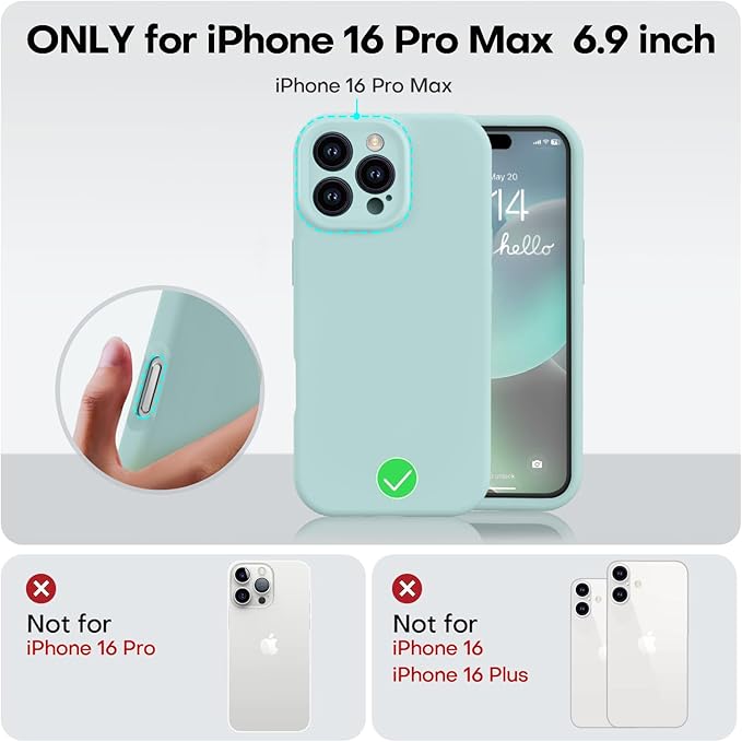 Vooii Compatible with iPhone 16 Pro Max Case, Liquid Silicone Upgrade [Camera Protection] [Soft Anti-Scratch Microfiber Lining] Shockproof Phone Case for iPhone 16 Pro Max 6.9 inch - Mint