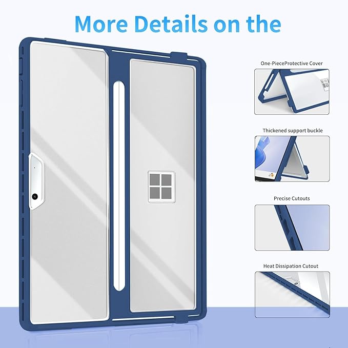 Case Updated Version fit Microsoft Surface Pro 11/10 /9/8 13-Inch, All-in-one Rugged Case Compatible with Type Cover Keyboards, Transparent&Navy Blue