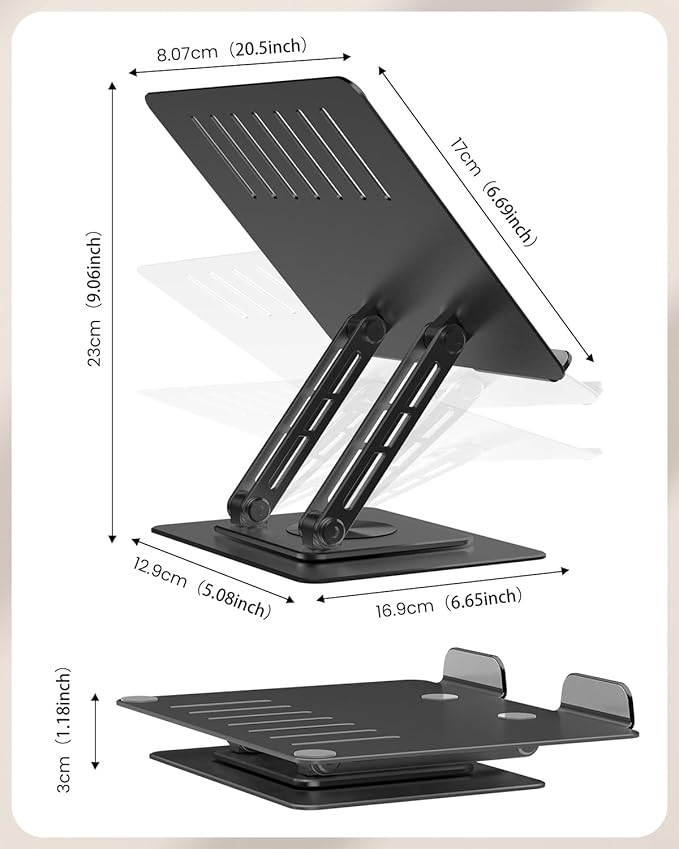 Tablet Stand Holder for Desk with 360° Rotating Base, Dual Rod Adjustable & Foldable Aluminum Stand for Home Office Compatible with 11’’-16’’ Tablets, Black