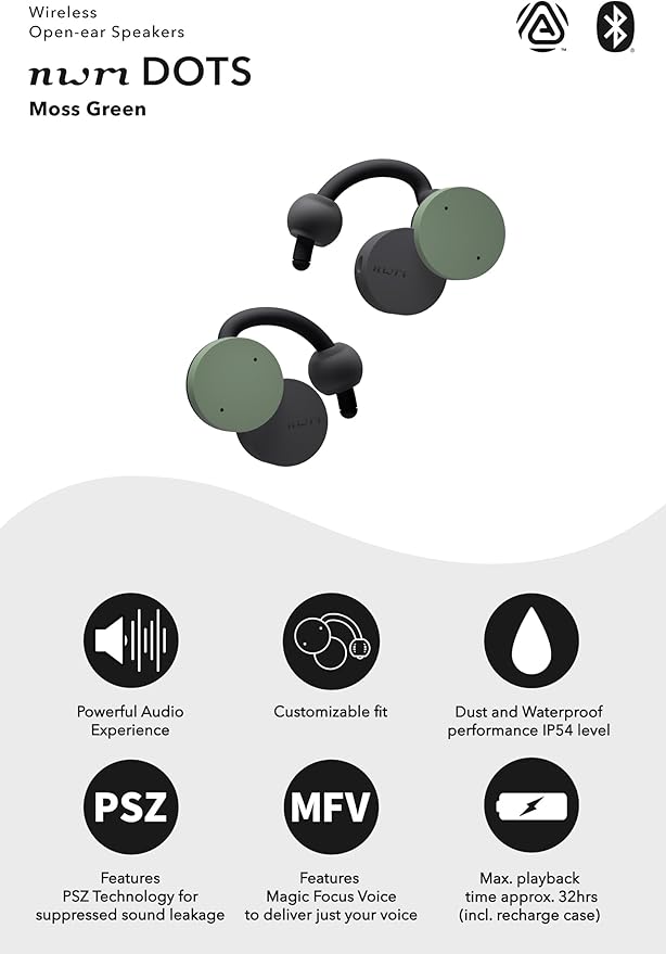 nwm DOTS Wireless On-Ear Speakers (Open Ear Earphones) Sound Leakage suppressed (PSZ Technology - Bone Conduction Alternative) with Optimal Microphone Function Designed in Japan | Moss Green